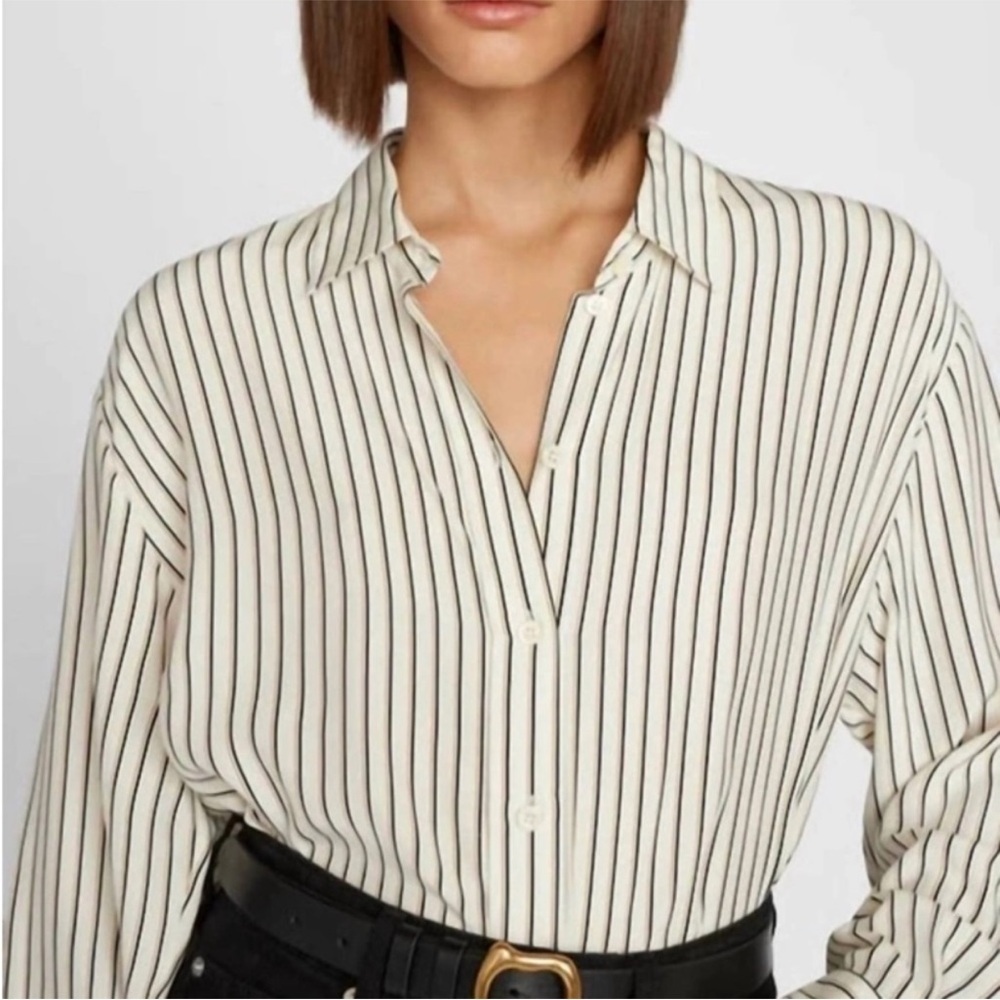 Frame 100% Silk Off White Multi Stripe Button Down Blouse Oversized Relaxed sm